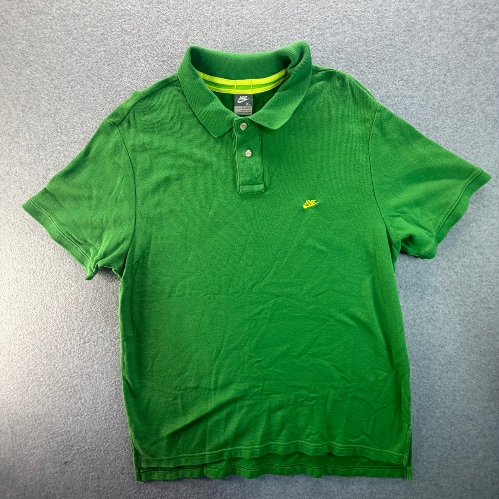 Nike Mens XL Green Short Sleeve Cotton Pique Polo Shirt Yellow Swoosh Logo Y2K